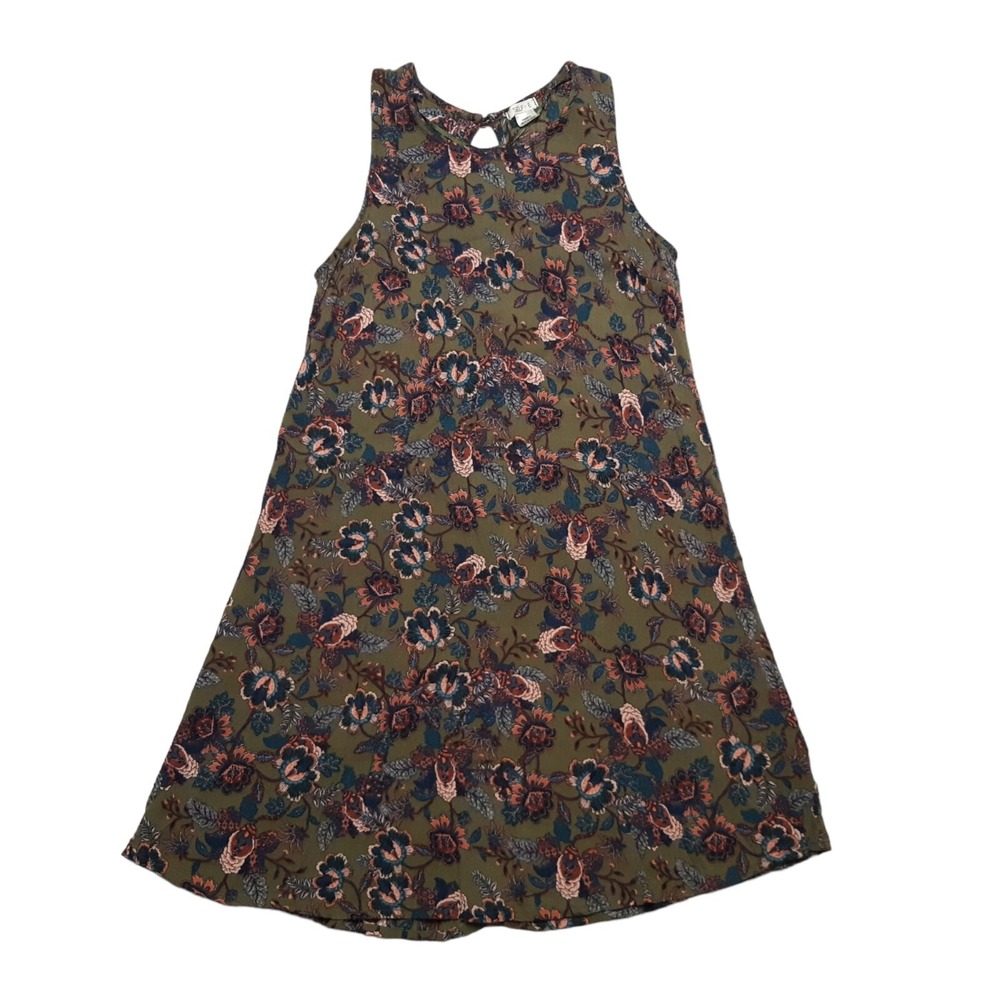 Self‎ E Dress Womens XS Olive Green Floral Shift Mini Rayon Sleeveless Boho